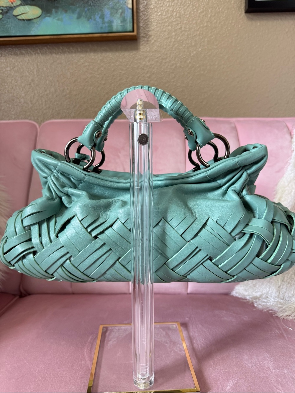 💯Auth! Salvatore Ferragamo Sofia Green Woven Leather Top-Handle Bag Gunmetal HW - Picture 5 of 14